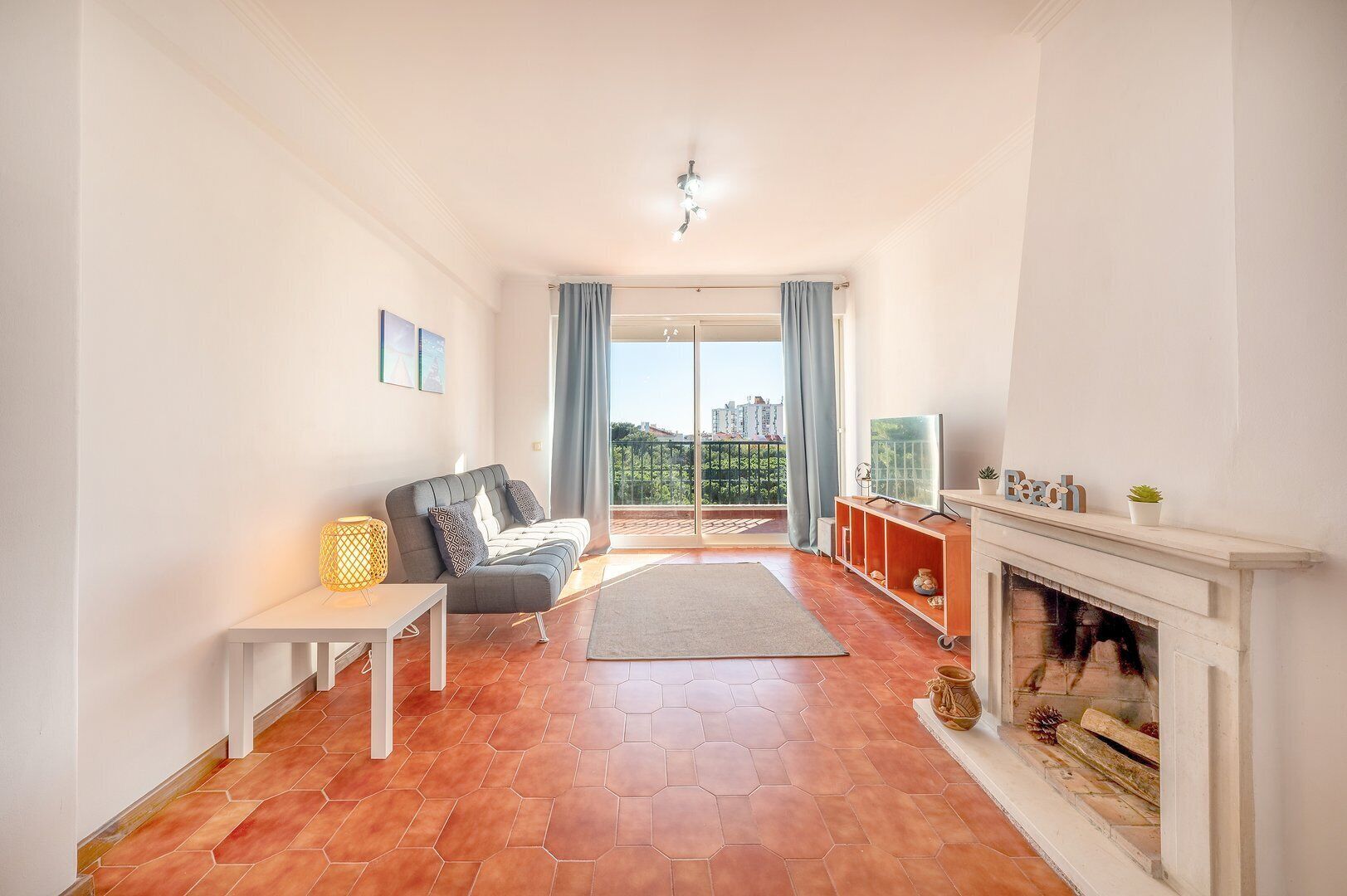 TV, caminetto, libri