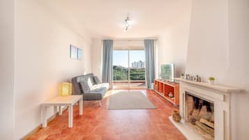 TV, caminetto, libri