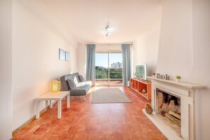 Televisie, een open haard en boeken