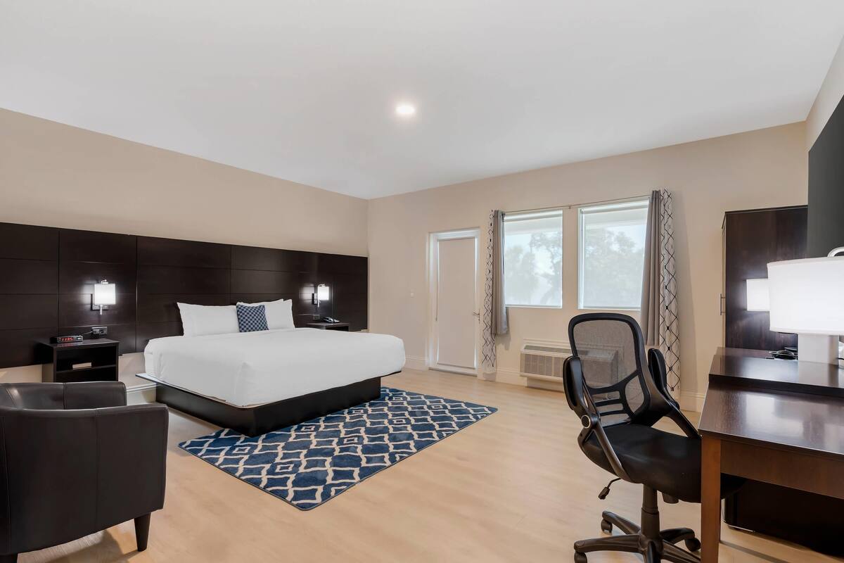 A hotel room with a large bed, a desk, a chair, a nightstand, and a TV.