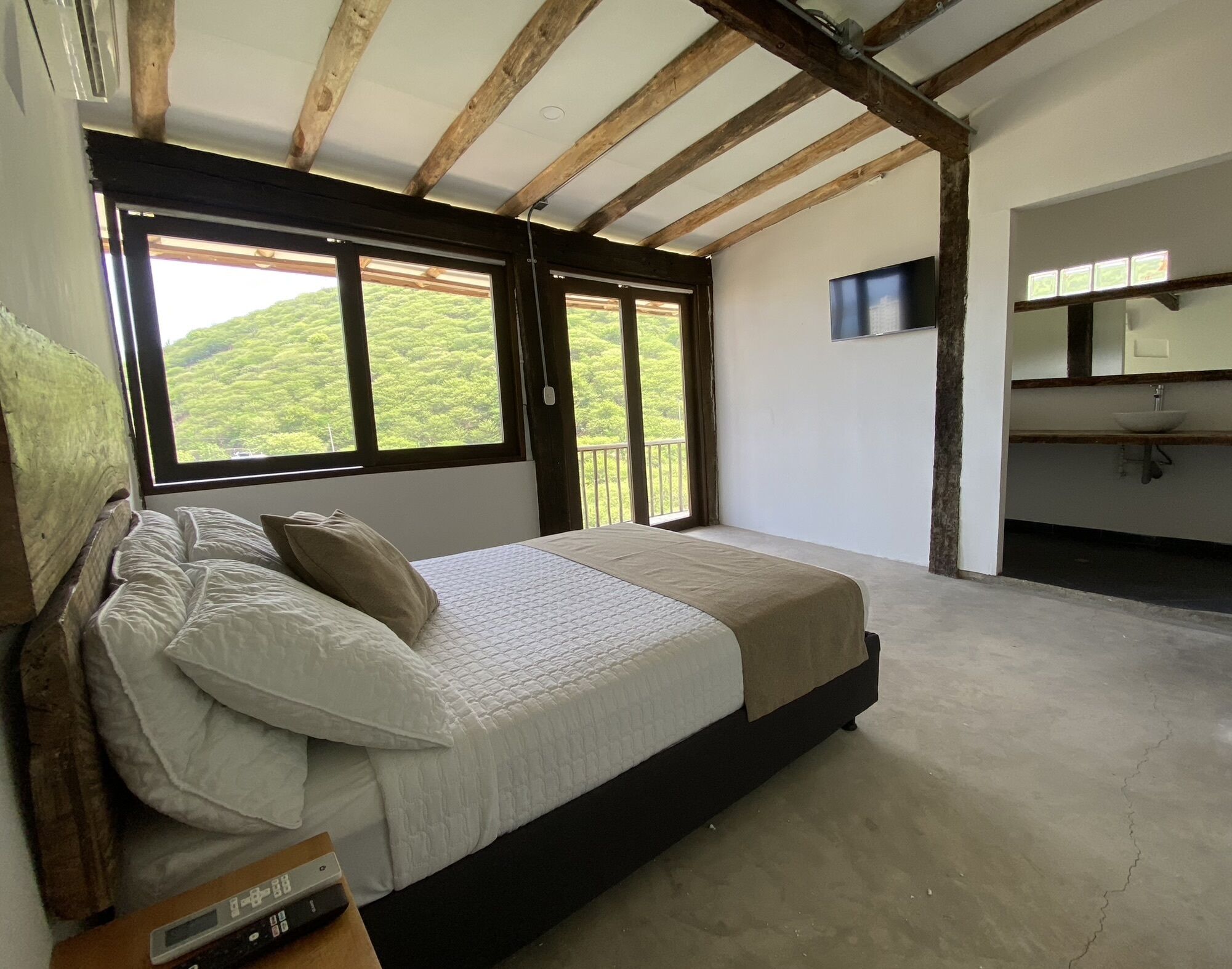 Un dormitorio con cama, ventana con vista a follaje, televisor y baño con lavabo.