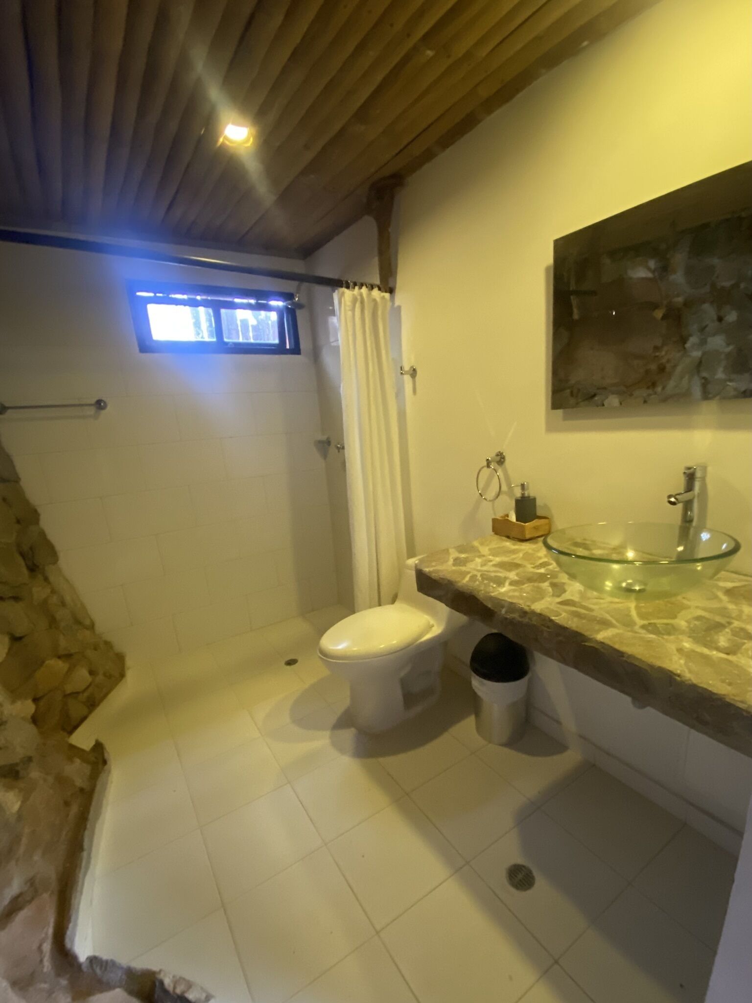 Een badkamer met toilet, een glazen wastafel en een douche.
