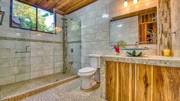 Hair dryer, towels, soap, toilet paper