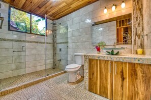 Hair dryer, towels, soap, toilet paper