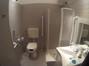 Shower, hair dryer, bidet, towels
