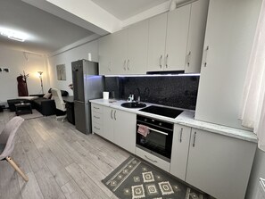 Fridge, oven, stovetop, electric kettle