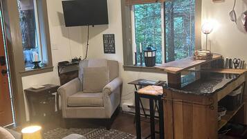 Smart TV, fireplace, DVD player, books