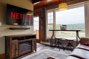 Een smart-tv, een open haard, boeken en een stereo