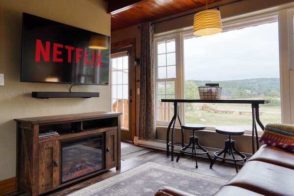 Smart TV, fireplace, books, stereo