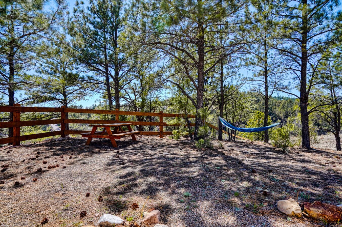 A picnic area with a wooden bench and a hammock.