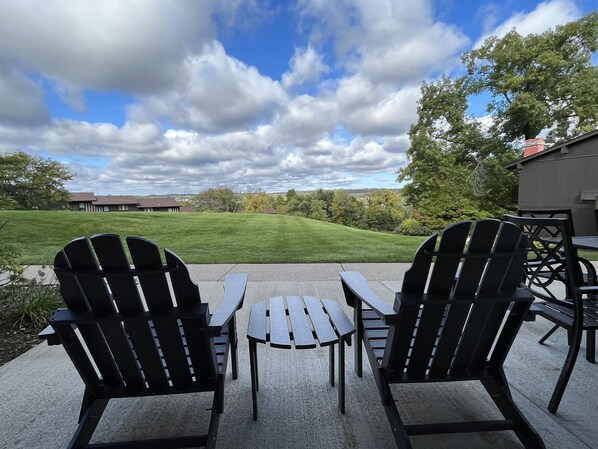 An outdoor seating area with Adirondack chairs and a picnic table, overlooking a grassy field and a building in the distance. - 
Newly Updated Modern, Spacious, and Cozy Condo- Right on the Lake! (Lake Geneva)