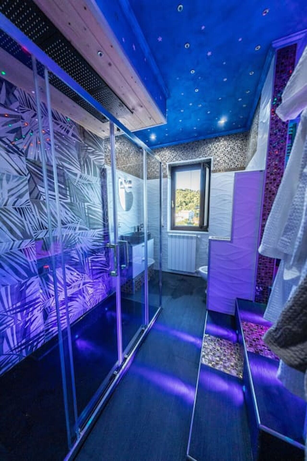 A modern bathroom with a glass shower enclosure, a window with a view, and a purple accent wall.