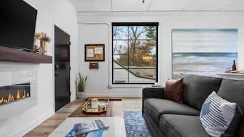 Smart TV, chimenea, libros
