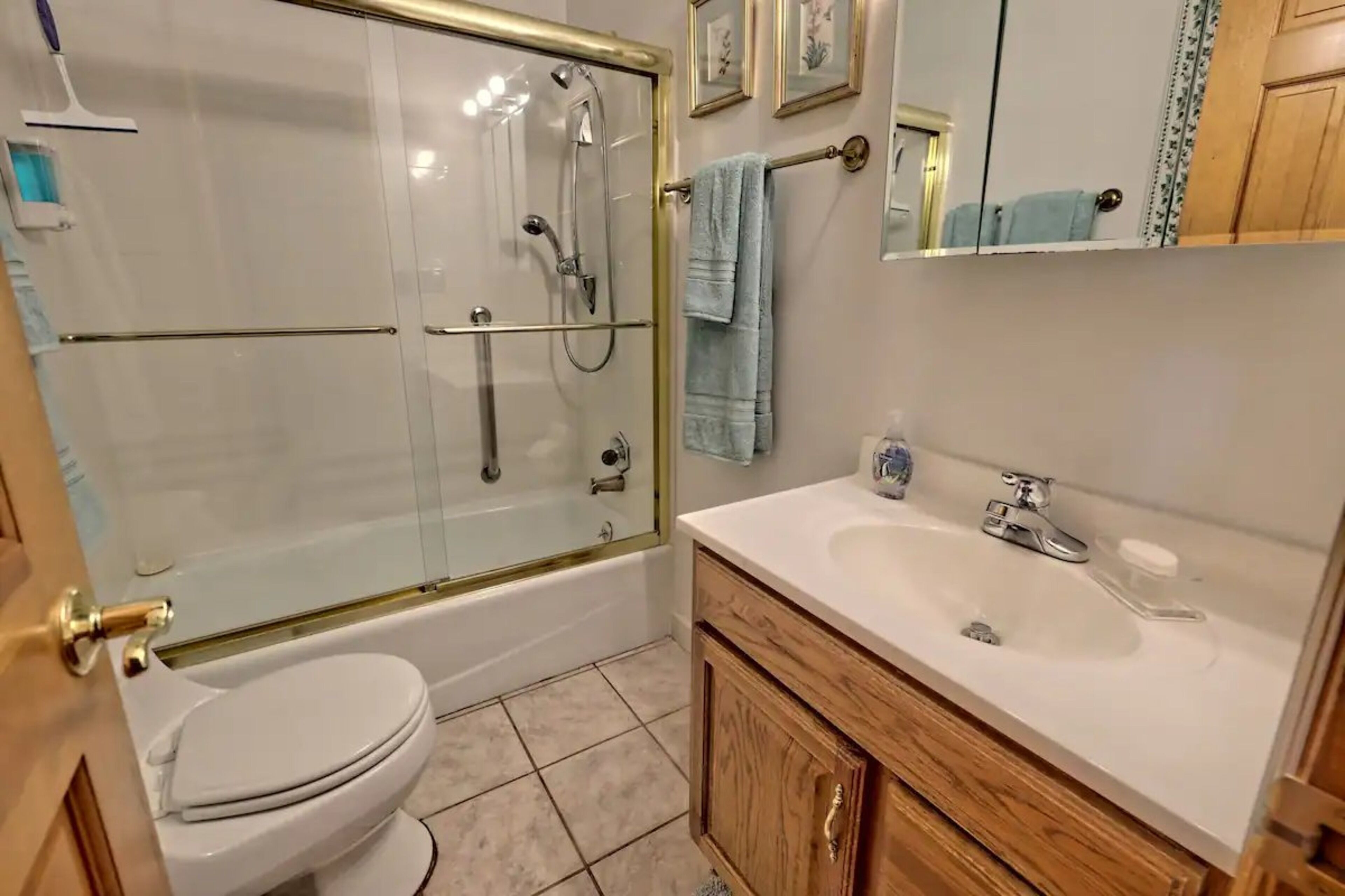 A bathroom with a glass-enclosed shower, a white toilet, a wooden vanity with a sink, and a mirror above the vanity.