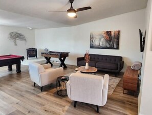 Smart TV, fireplace, table football