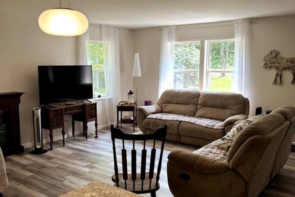 Smart TV, chimenea y libros 