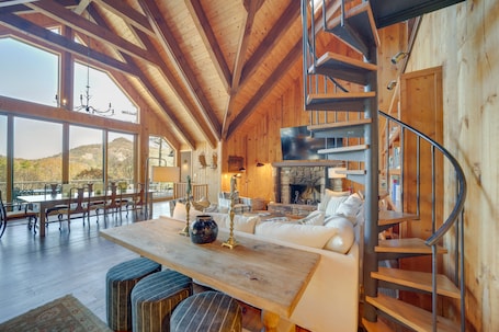 TV, fireplace, books