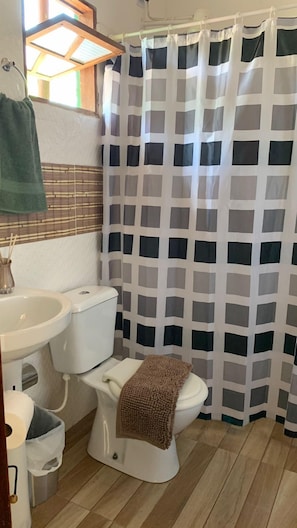 A bathroom with a toilet, sink, and shower curtain. - Airpoint Pousada Ecológica (Lençóis)