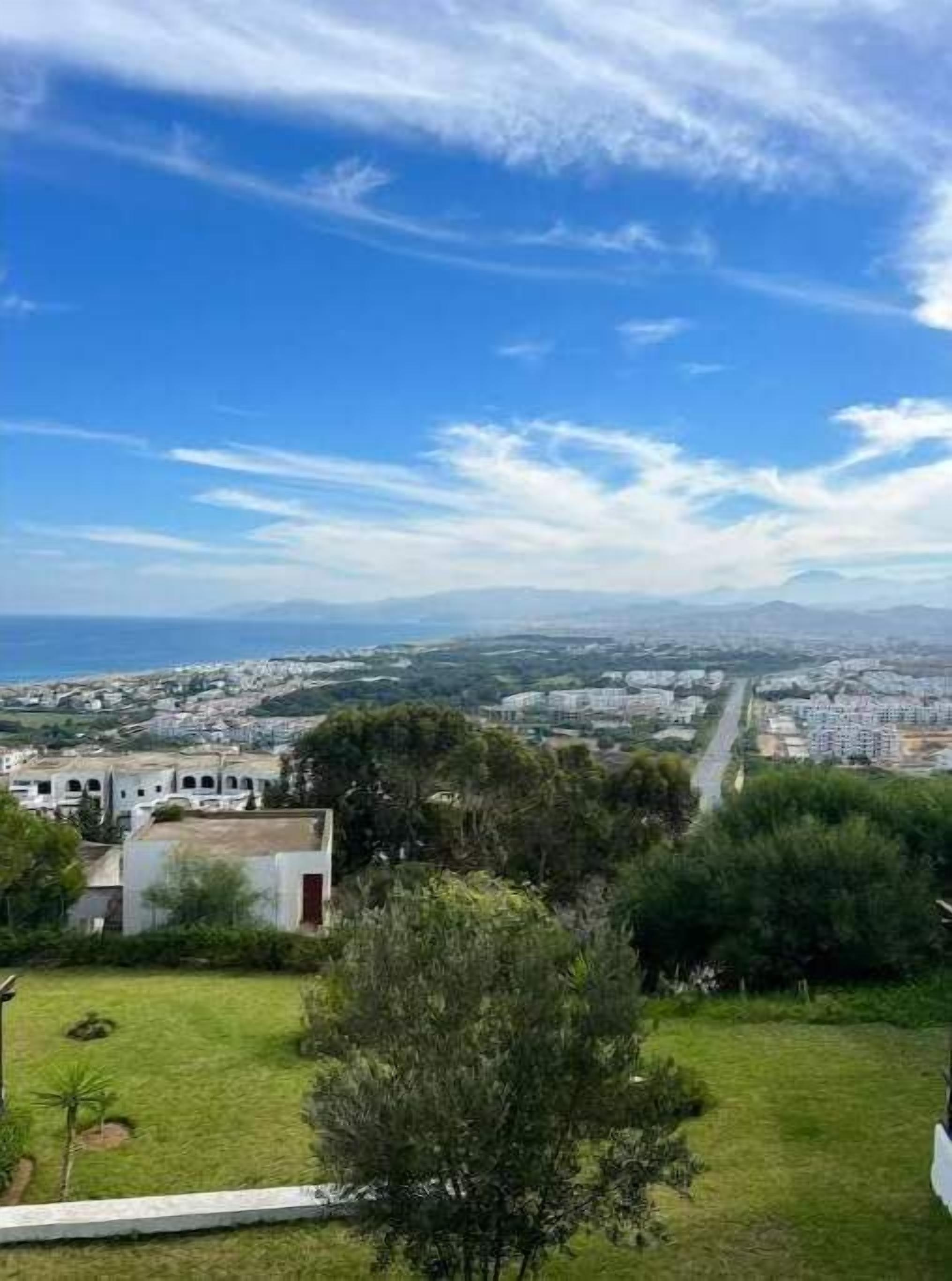 A coastal view with a clear sky, a grassy area, and a distant cityscape.