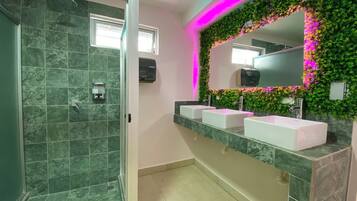Shower, hair dryer, towels, soap
