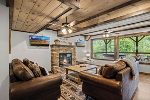 Smart TV, fireplace, video games, DVD player