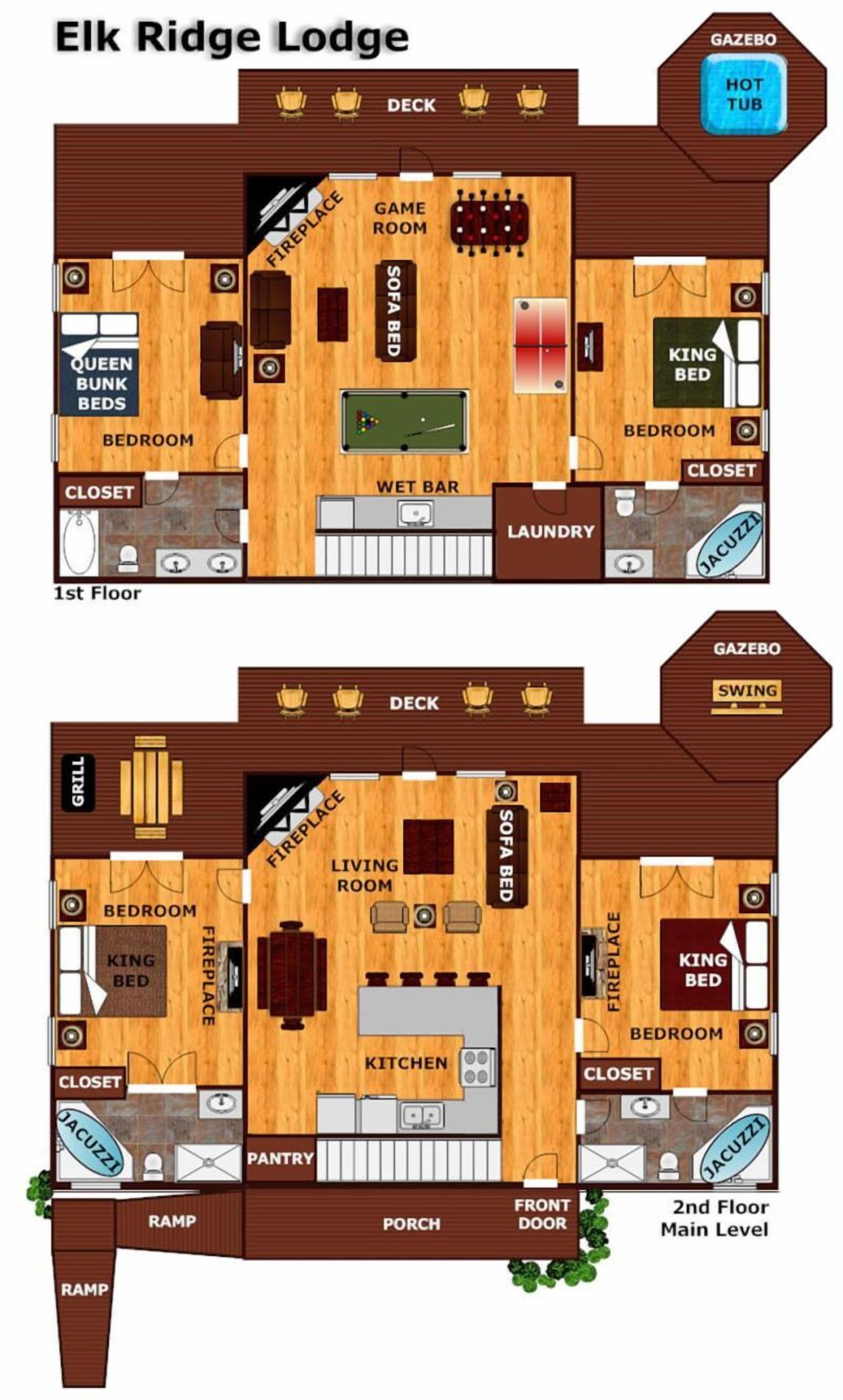 A 2nd floor main level layout of Elk Ridge Lodge with a game room, wet bar, kitchen, and multiple bedrooms.