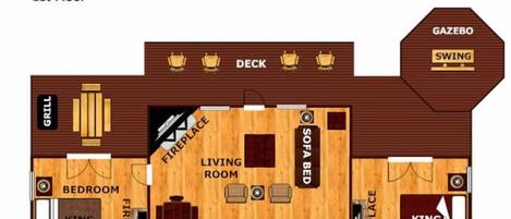 A 2nd floor main level layout of Elk Ridge Lodge with a game room, wet bar, kitchen, and multiple bedrooms.