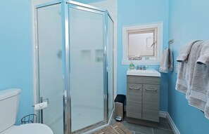 Hair dryer, towels, soap, toilet paper