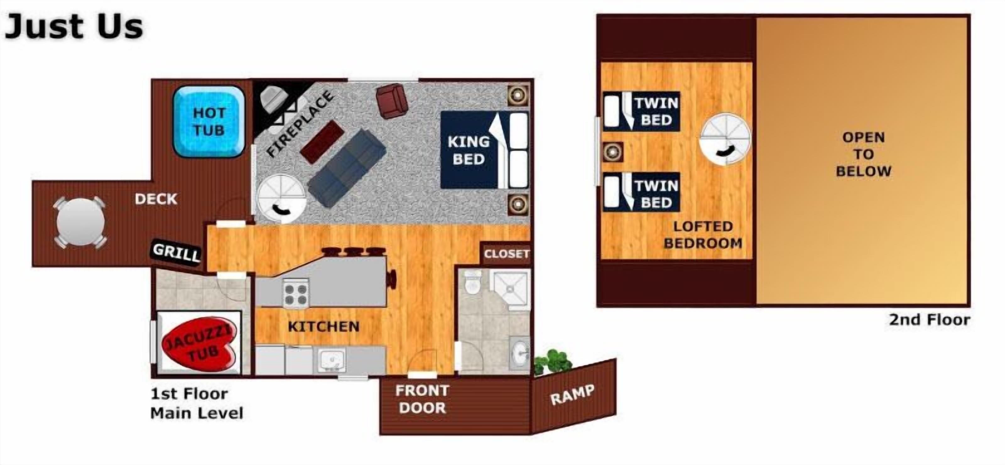 Un appartement situé au premier étage, comprenant une cuisine, un barbecue, un jacuzzi, une cheminée, un lit king-size et deux lits simples.