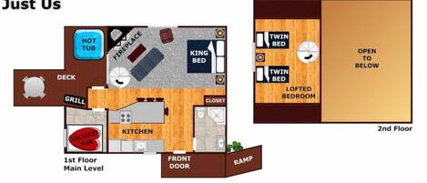 Un appartement situé au premier étage, comprenant une cuisine, un barbecue, un jacuzzi, une cheminée, un lit king-size et deux lits simples.