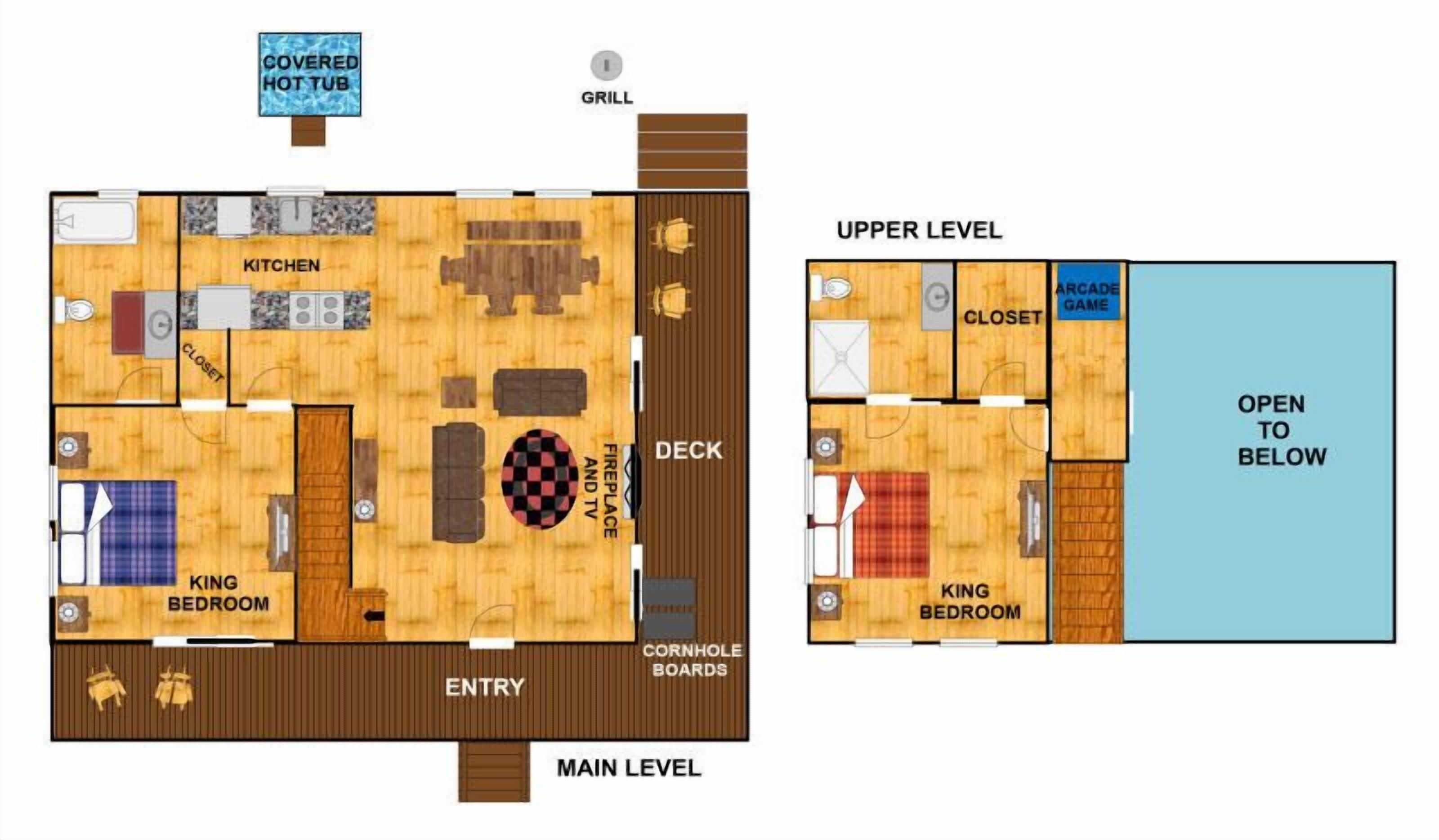A hotel layout with a covered hot tub, grill, kitchen, deck, and two bedrooms.