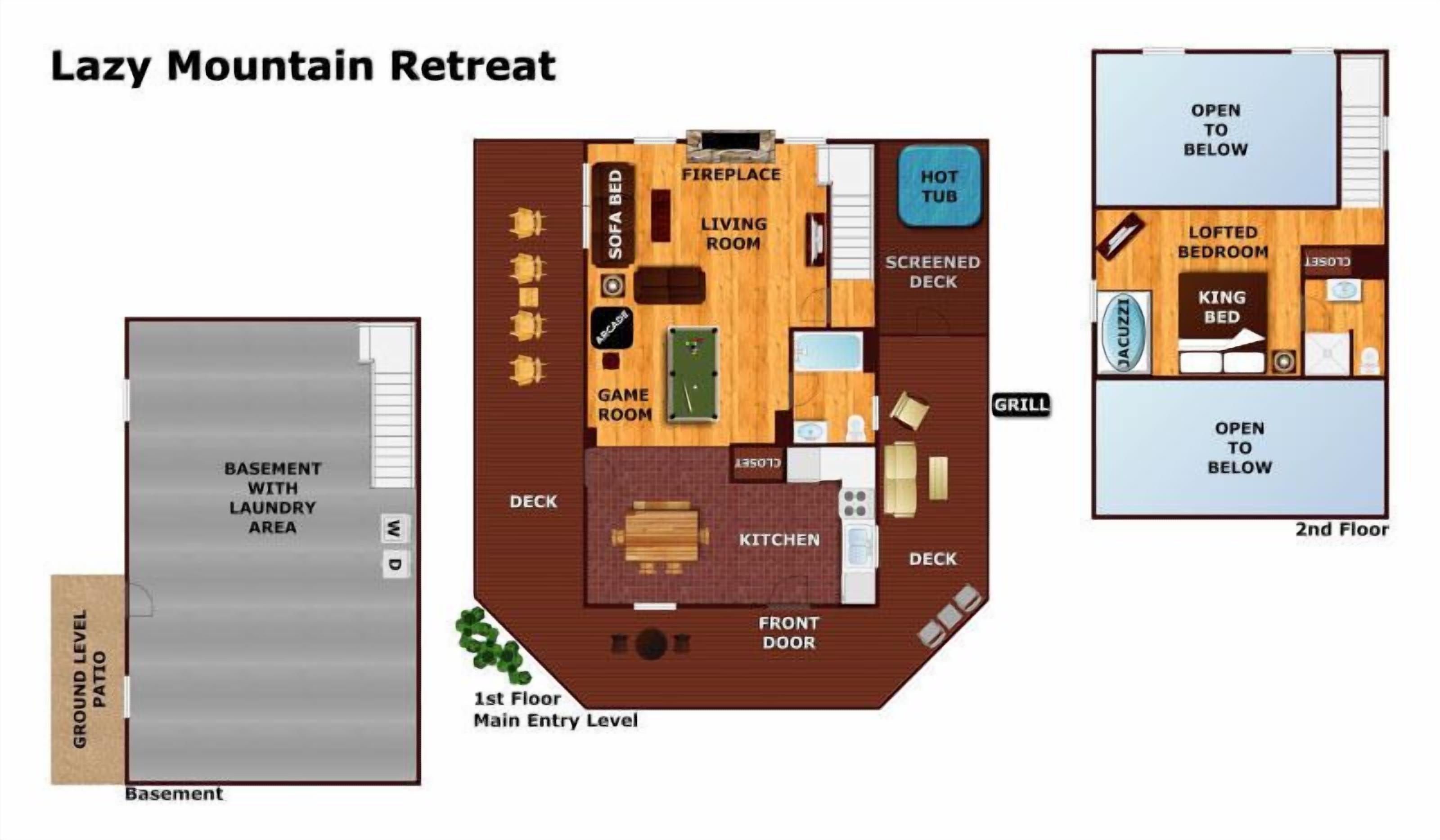 A 2-story mountain retreat with a basement laundry area, living room, game room, kitchen, and a lofted bedroom.