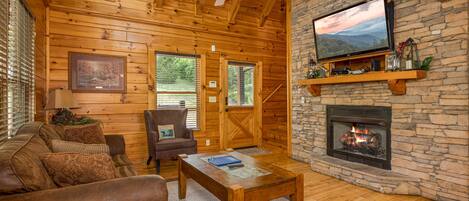 Una televisión, una chimenea, videojuegos, un reproductor de DVD