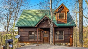 A wooden cabin with a green roof, a mailbox, and a satellite dish. - Relax And Enjoy The Incredible View From Here (GATLINBURG)