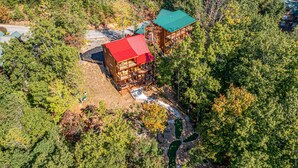 Une cabane en bois avec un toit rouge et une structure adjacente dont le toit est vert, le tout entouré d’une forêt dense.