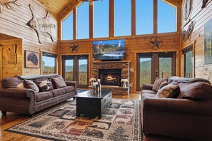 Smart TV, fireplace, video games, DVD player