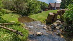 A rustic cabin with a stone chimney, surrounded by lush greenery and a small stream.