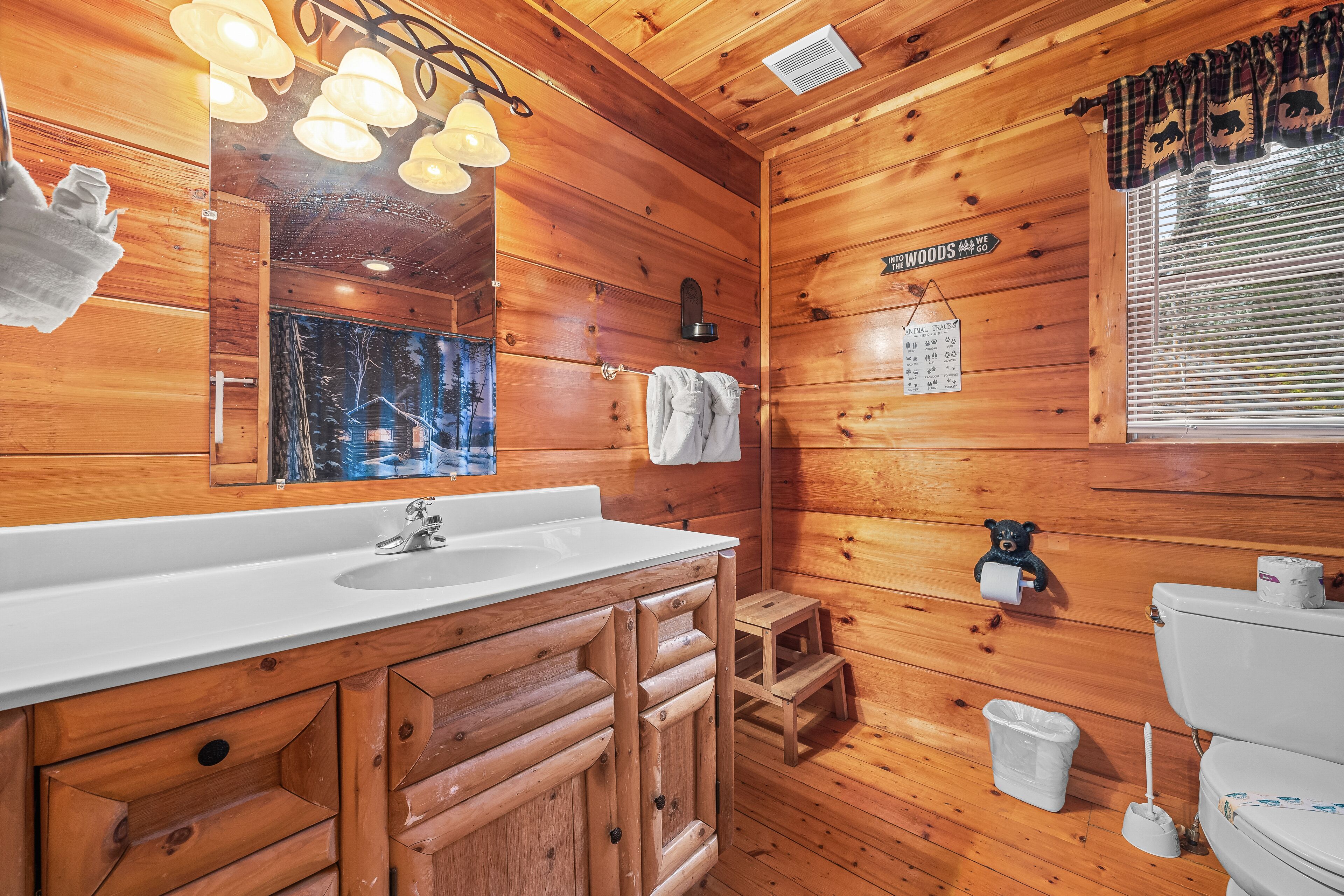 Baño de cabaña de madera con lavamanos, inodoro y un pequeño taburete.