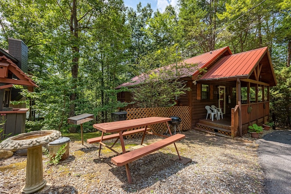 Un chalet rustique doté d’une terrasse en bois, d’une table de pique-nique et d’un abreuvoir à oiseaux.