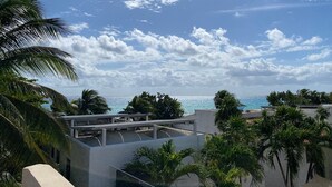 A rooftop terrace with a view of the sea, surrounded by palm trees and a clear sky. - Beach, Pool, Hot Tub, Billiard Room, Arcade equals awesome vacation! (Playa del Carmen)