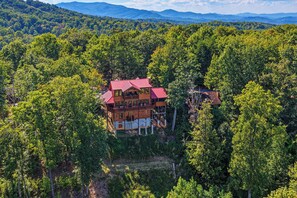 A two-story wooden cabin with a red roof, surrounded by dense forest, and elevated on stilts.