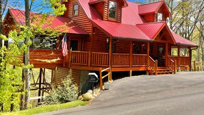 A log cabin with a red metal roof, a porch with wooden railings, and a small front yard with a mailbox and a bird feeder.