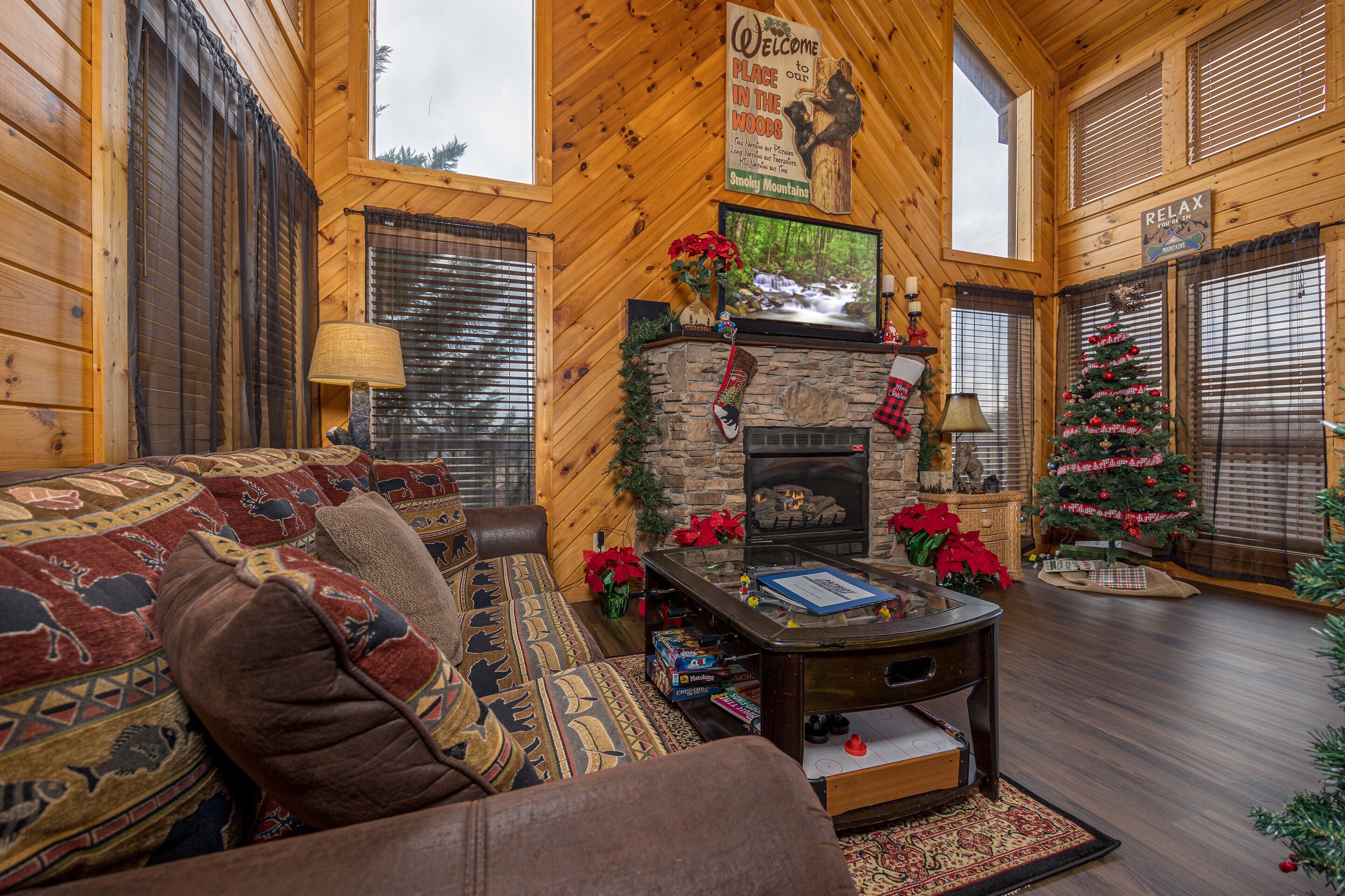 TV, fireplace, video games, table football