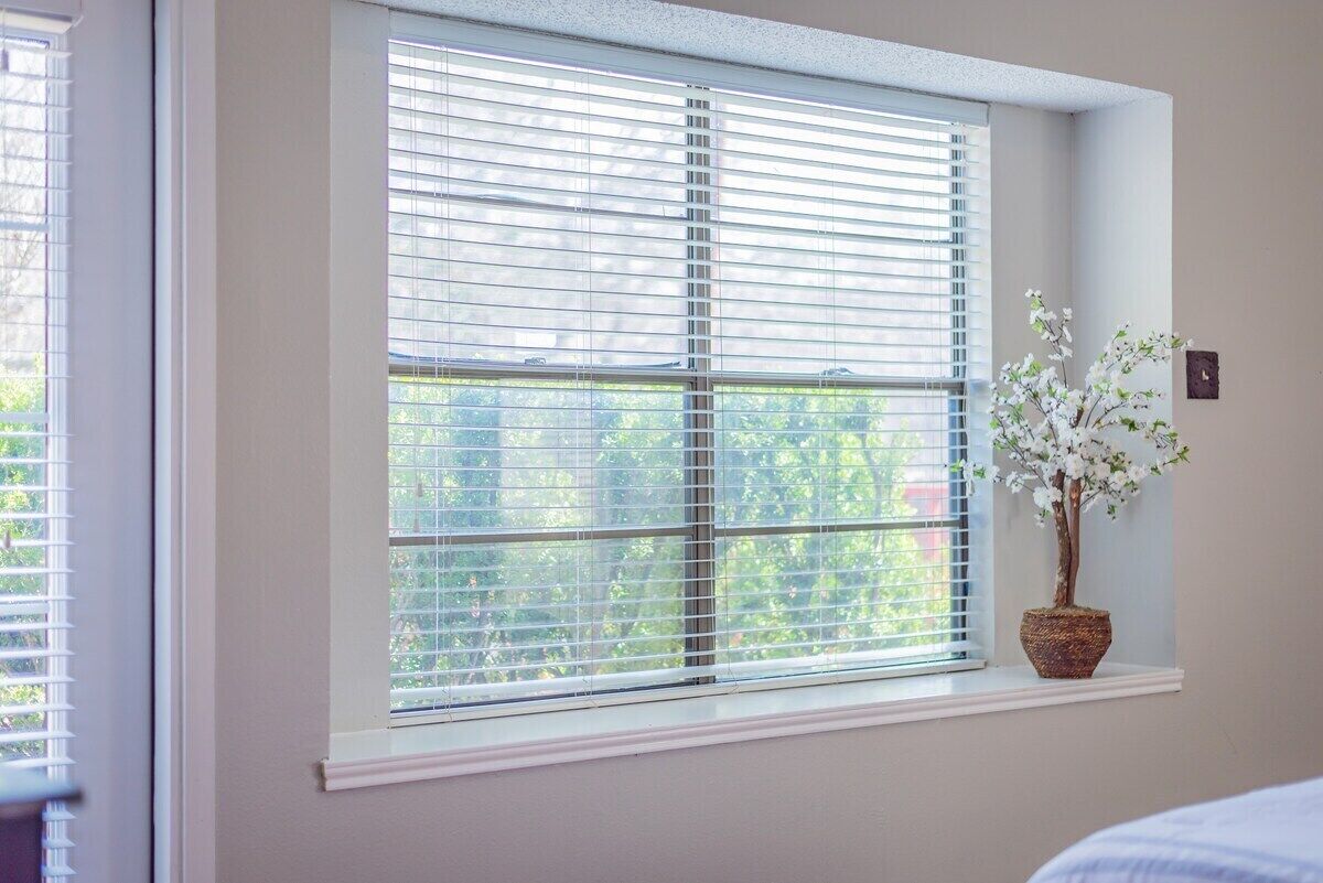 Ein Zimmer mit einem großen Fenster, an dem horizontale Jalousien angebracht sind, einer kleinen Topfpflanze auf der Fensterbank und Blick auf Bäume.