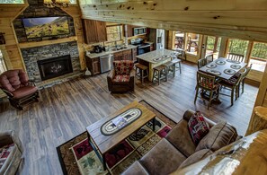 Smart TV, fireplace, video games, DVD player