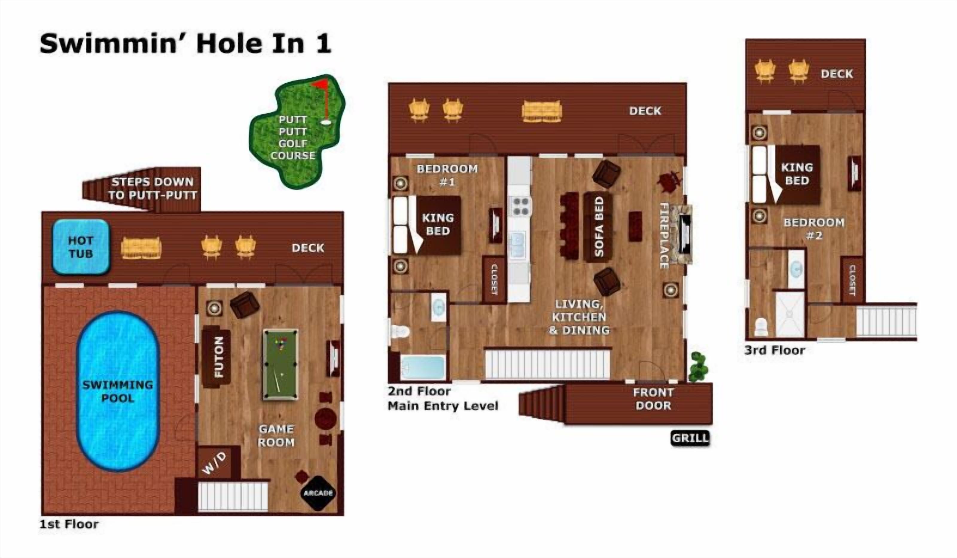 Grundriss im ersten Stock mit Swimmingpool, Spielzimmer und Minigolfplatz.