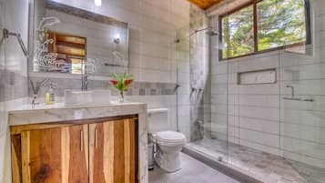 Hair dryer, towels, soap, shampoo
