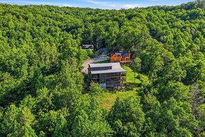 A modern two-story house surrounded by dense forest.
