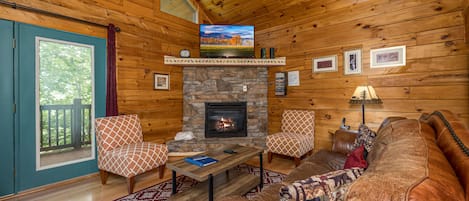 Smart TV, fireplace, video games, DVD player