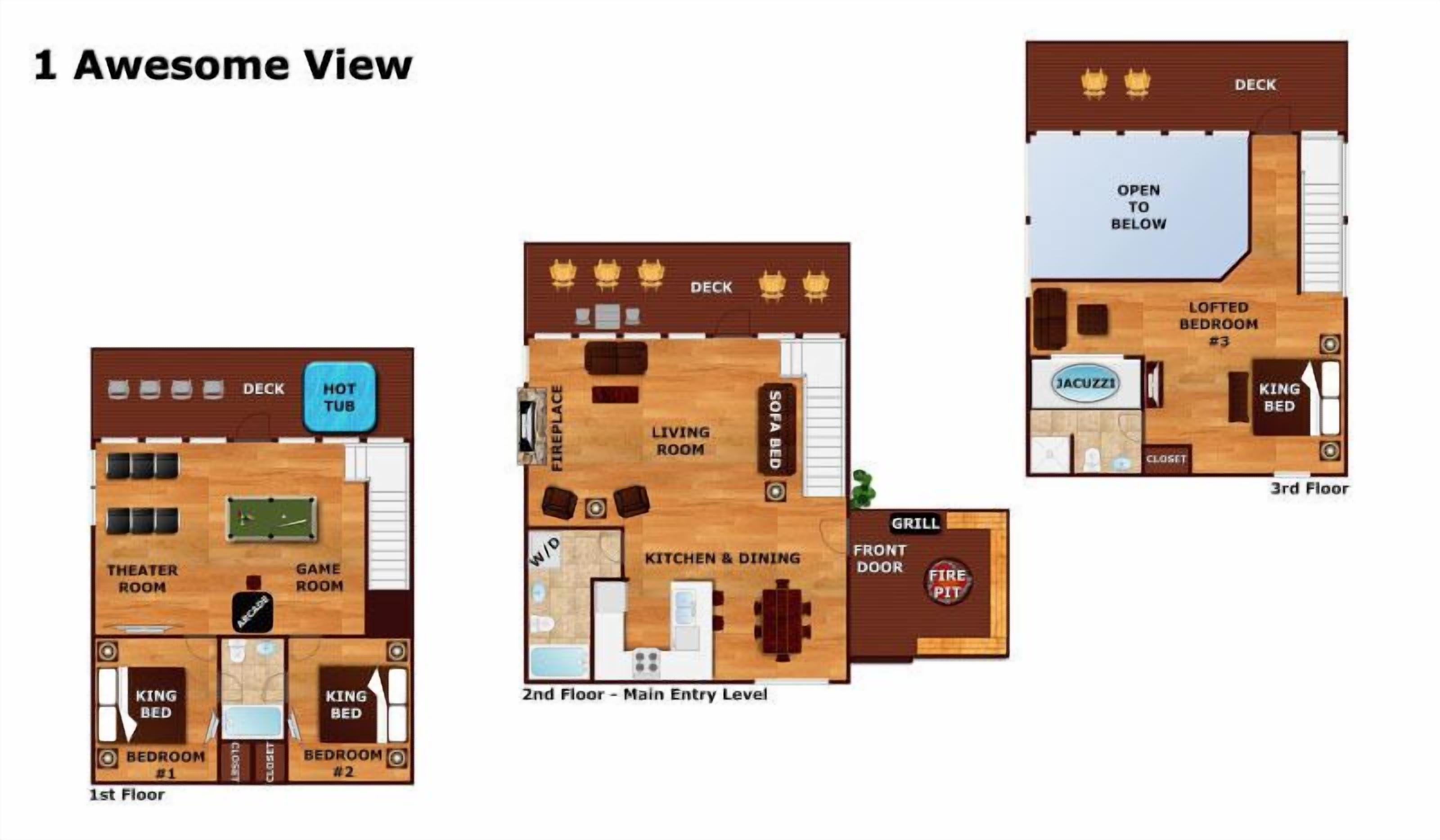 A 1st floor layout with a game room, theater room, king beds, and a hot tub. The 2nd floor has a living room, kitchen, dining, and a fireplace. The 3rd floor features a lofted bedroom, king bed, and a jacuzzi.